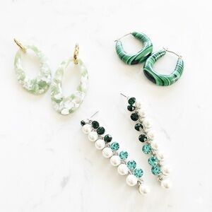 3 Pair Statement Earring Bundle! Faux Pearls, Green Malachite Hoops & Dangles